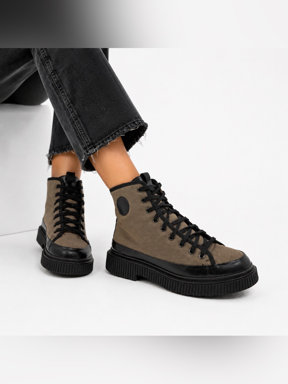 Pataugas Women’s Canvas High Top Platform Boots Taupe Black Lace-Up Shoes SZ 38